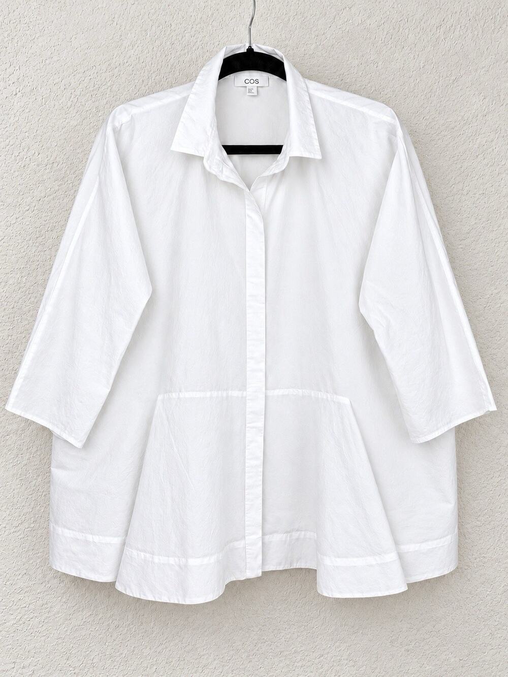 COS Womens EU 36/US 6 White Cotton Stretch Peplum Front Pleat Tunic Collar Shirt